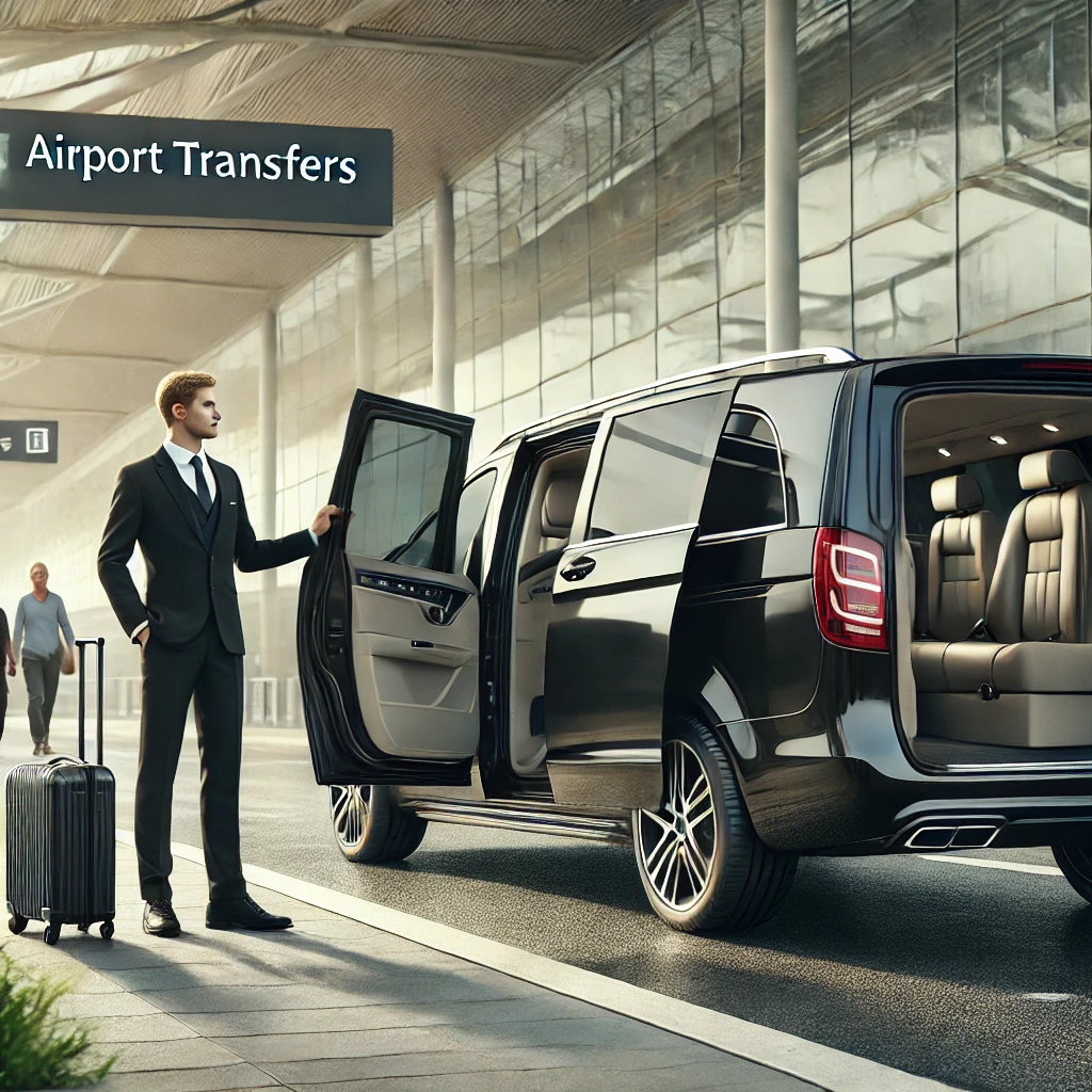 DALL·E 2024 09 24 12.09.18 A luxury chauffeur vehicle scene showing a sleek black Mercedes V Class parked at the airport curb with a professional chauffeur standing beside the