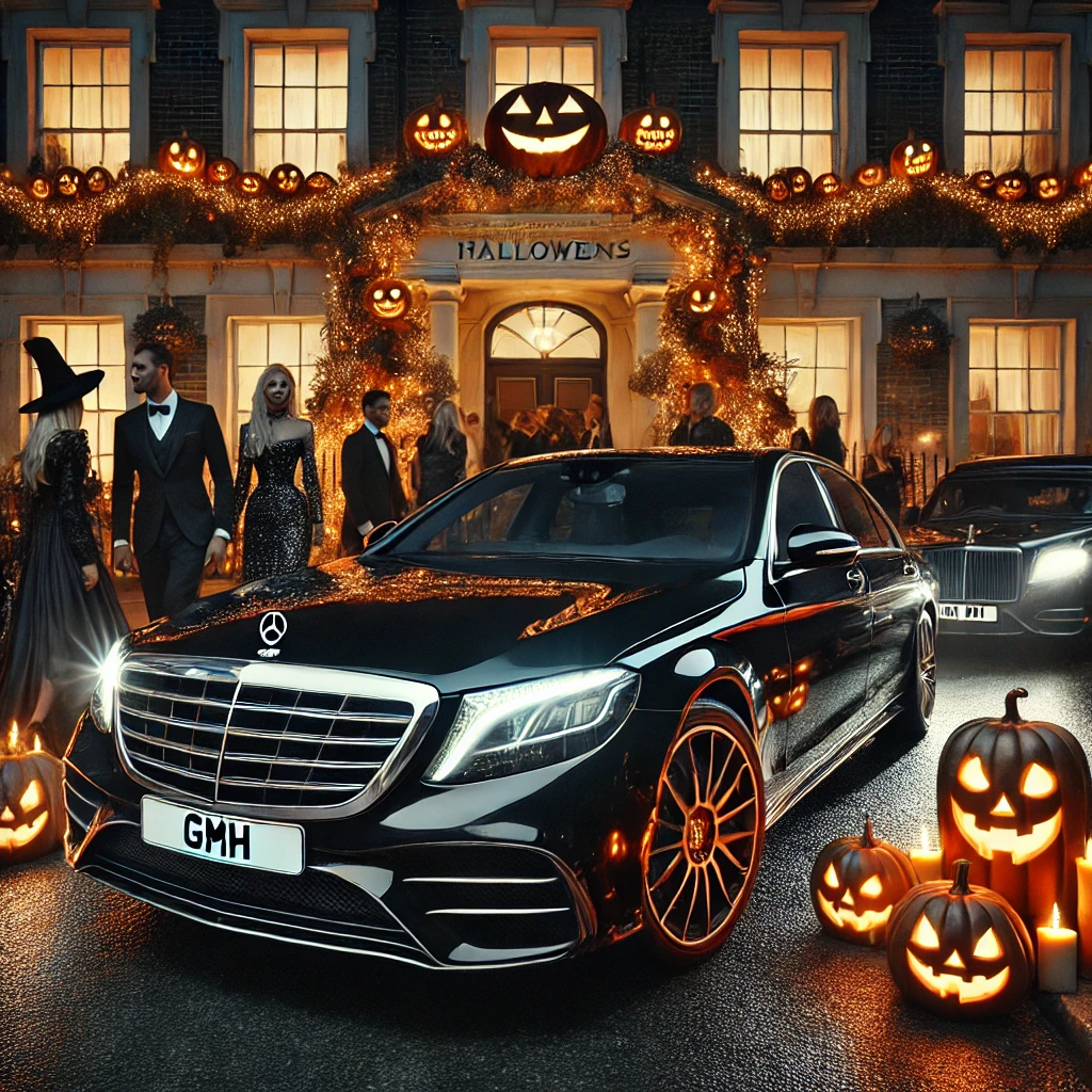 DALL·E 2024 09 28 15.11.46 A sleek luxurious black Mercedes S Class parked outside a glamorous Halloween party venue with glowing jack o lanterns dim streetlights and a sty