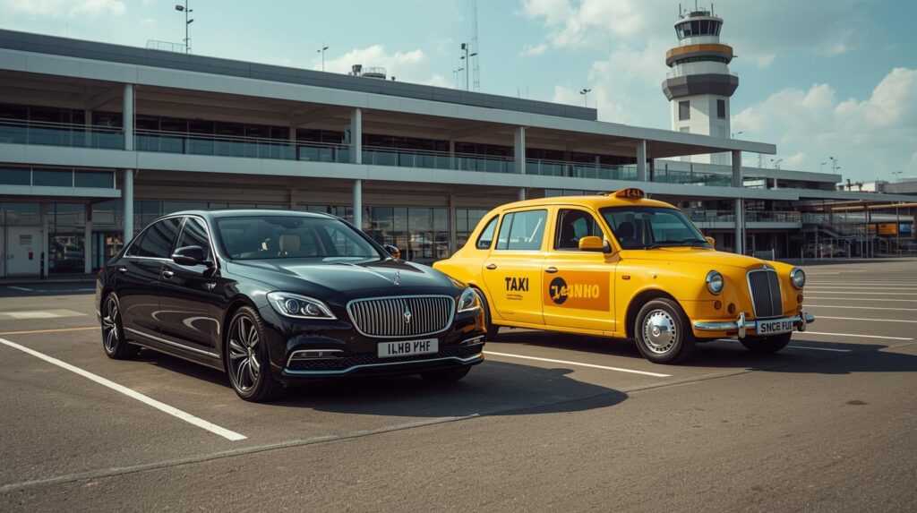 Imagine GMH Chauffeured Car and a Taxi outside airport in UK